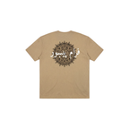 Beige t-shirt with black mandala design and text on the back against a white background
