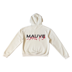 White hoodie with 'MAUVE' text on the back against a white background